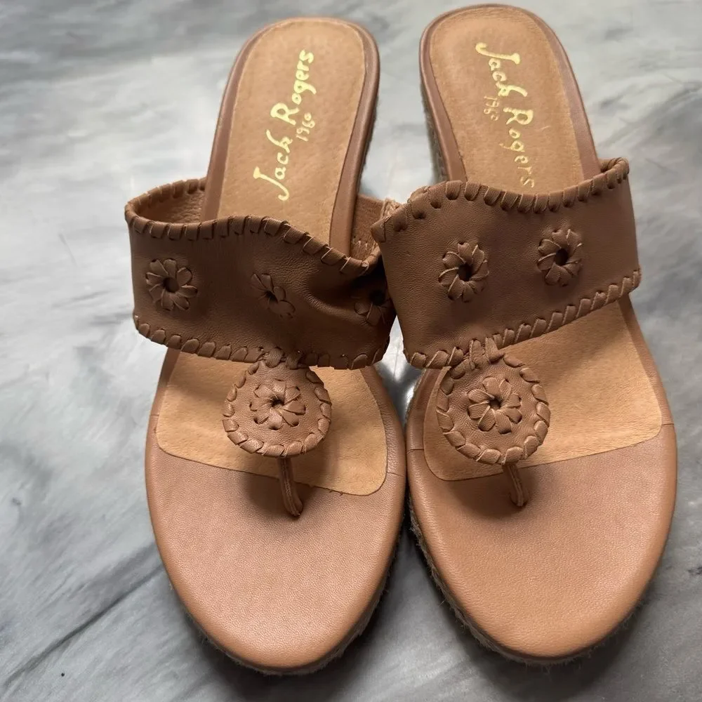 NEW JACK ROGERS Tan High Heel Wedge Espadrille Thong Sandals 8.5